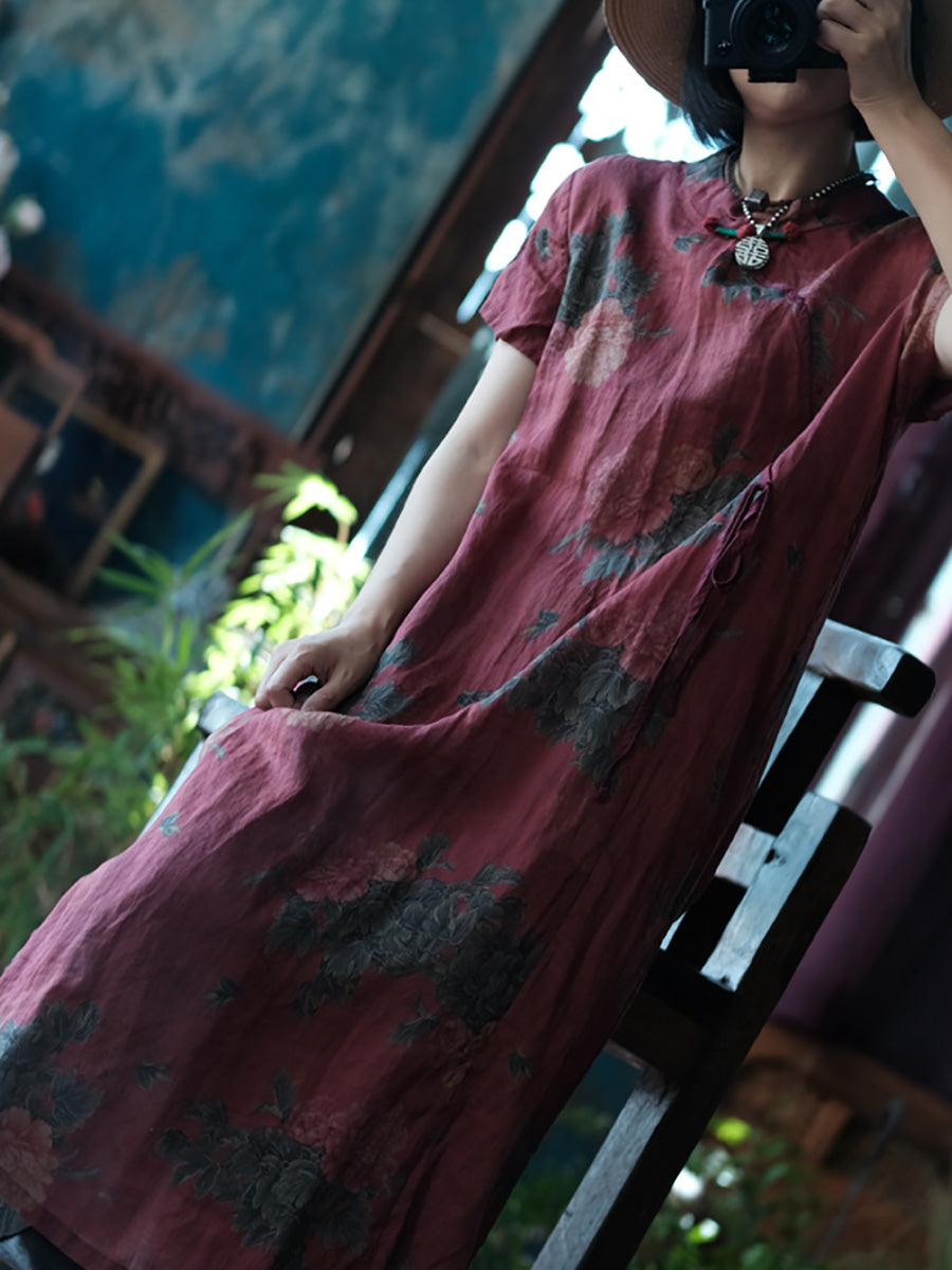 Women Summer Artsy Flower Stand Collar Linen Dress