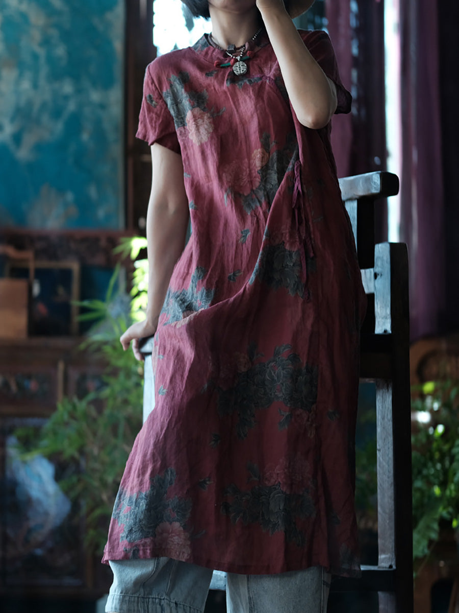 Women Summer Artsy Flower Stand Collar Linen Dress