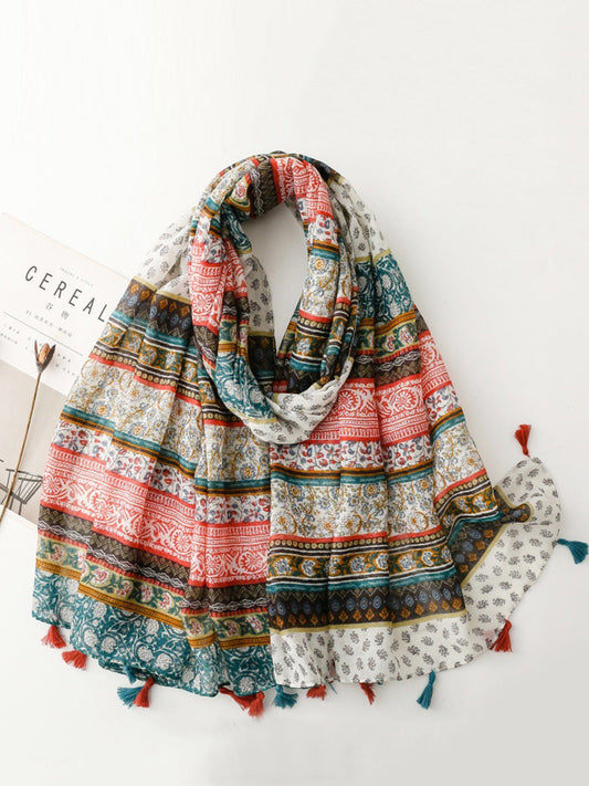 Women Bohemia Floral Spliced Tassel Shawl Scarf