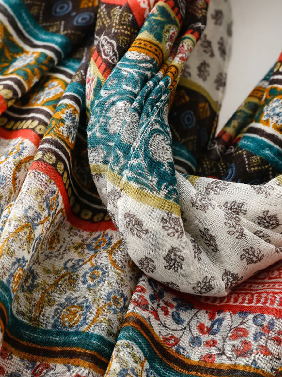 Women Bohemia Floral Spliced Tassel Shawl Scarf
