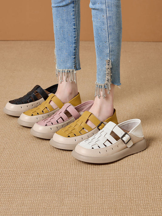 Women Casual Summer Genuine Leather Weave Flat Shoes