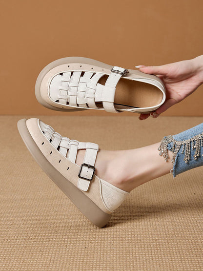 Women Casual Summer Genuine Leather Weave Flat Shoes