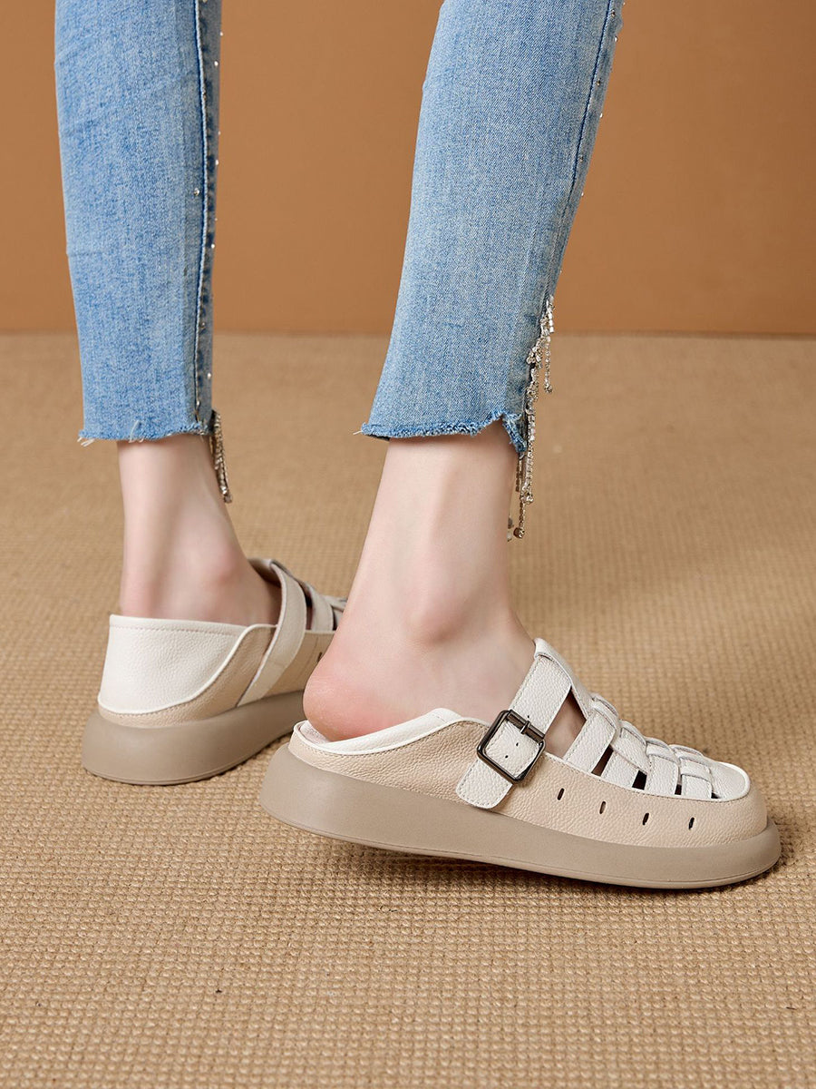 Women Casual Summer Genuine Leather Weave Flat Shoes