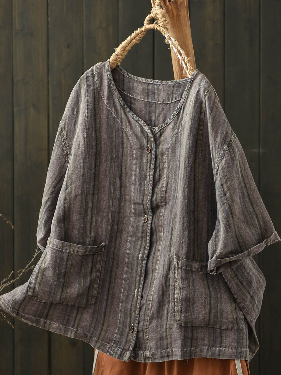 Women Summer Retro Stripe V-Neck Linen Shirt