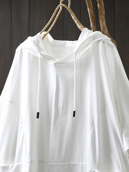 Plus Size Women Summer Casual Pure Color Hooded Cotton Shirt