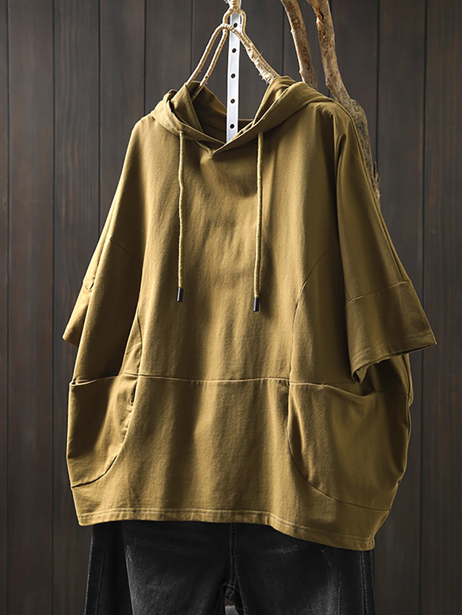 Plus Size Women Summer Casual Pure Color Hooded Cotton Shirt