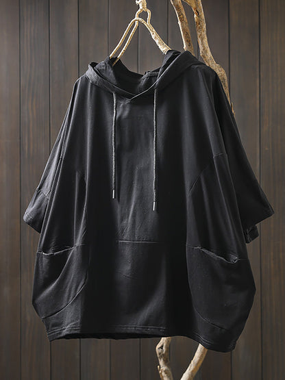 Plus Size Women Summer Casual Pure Color Hooded Cotton Shirt
