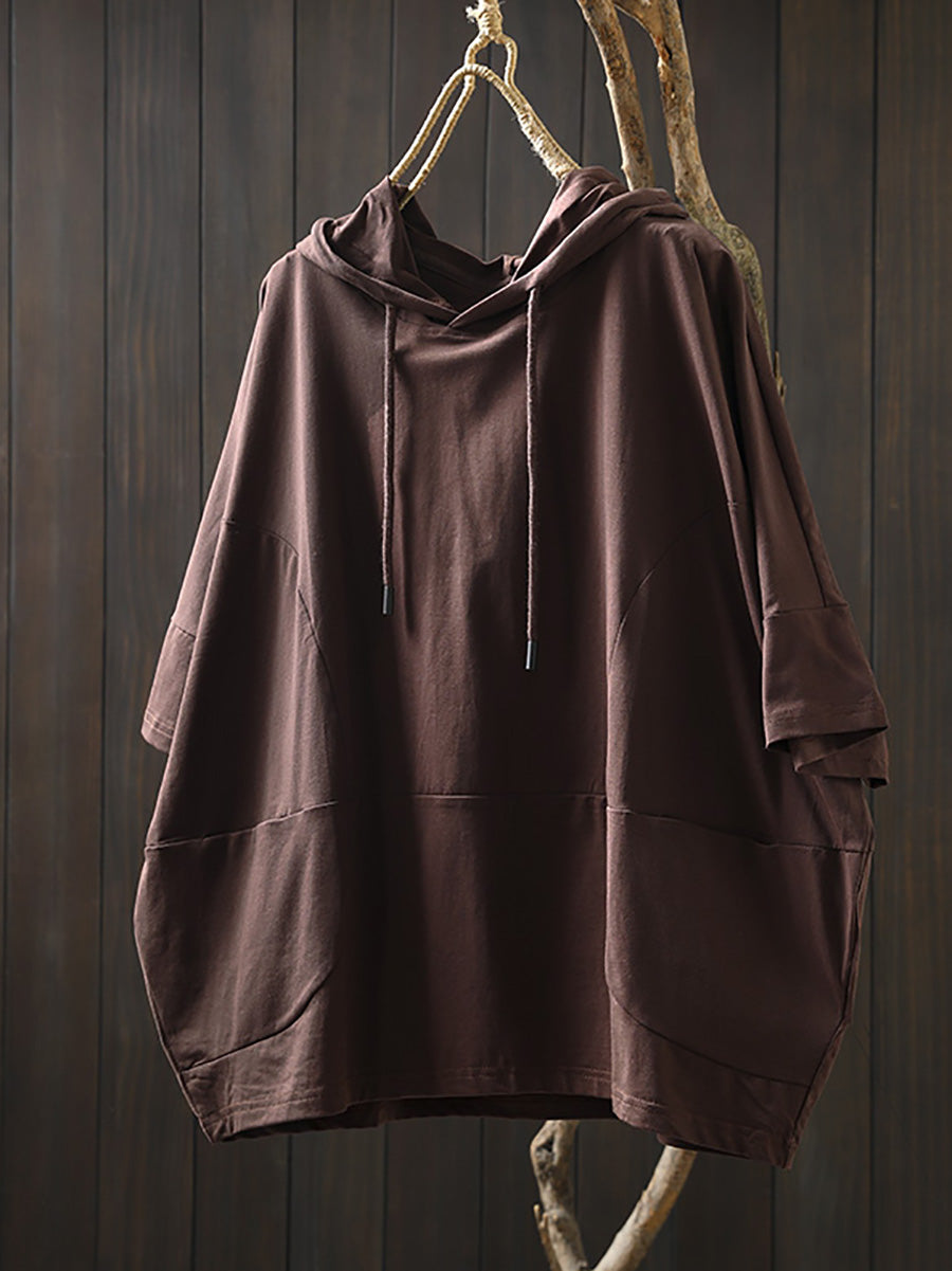 Plus Size Women Summer Casual Pure Color Hooded Cotton Shirt