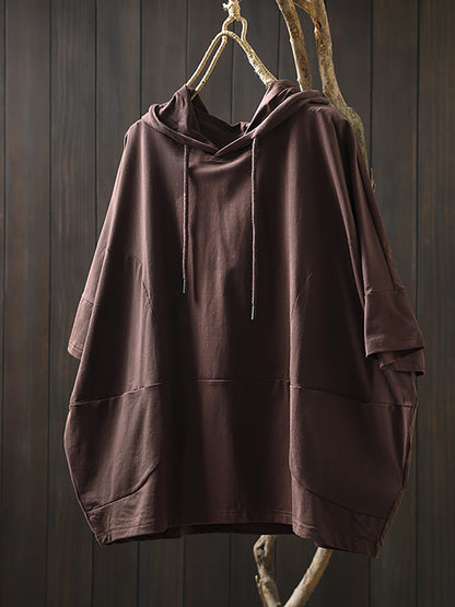 Plus Size Women Summer Casual Pure Color Hooded Cotton Shirt