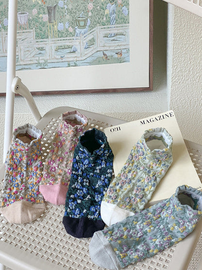 5 Pairs Women Artsy Floral Jacquard Colorblock Short Socks