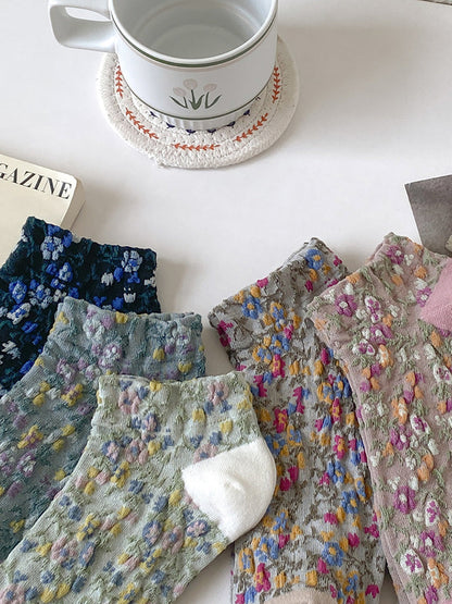 5 Pairs Women Artsy Floral Jacquard Colorblock Short Socks