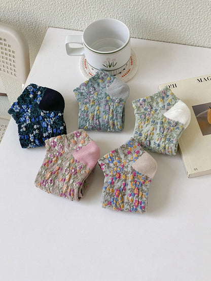 5 Pairs Women Artsy Floral Jacquard Colorblock Short Socks