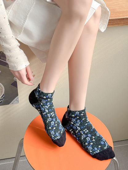 5 Pairs Women Artsy Floral Jacquard Colorblock Short Socks