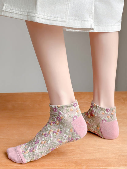 5 Pairs Women Artsy Floral Jacquard Colorblock Short Socks