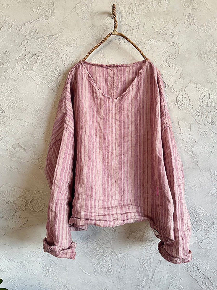 Plus Size Women Summer Retro Stripe V-Neck Linen Shirt