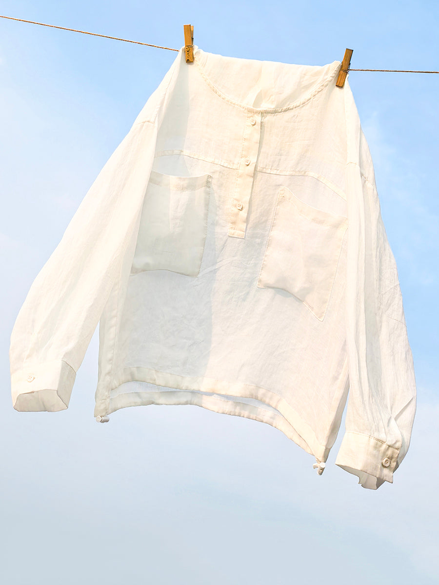 Women Summer Artsy Pure Color Hooded 100%Ramie Shirt