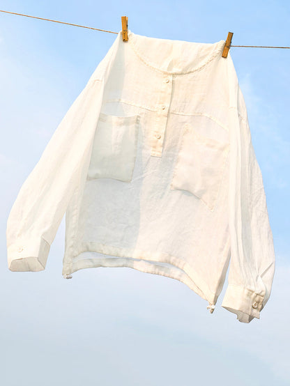 Women Summer Artsy Pure Color Hooded 100%Ramie Shirt