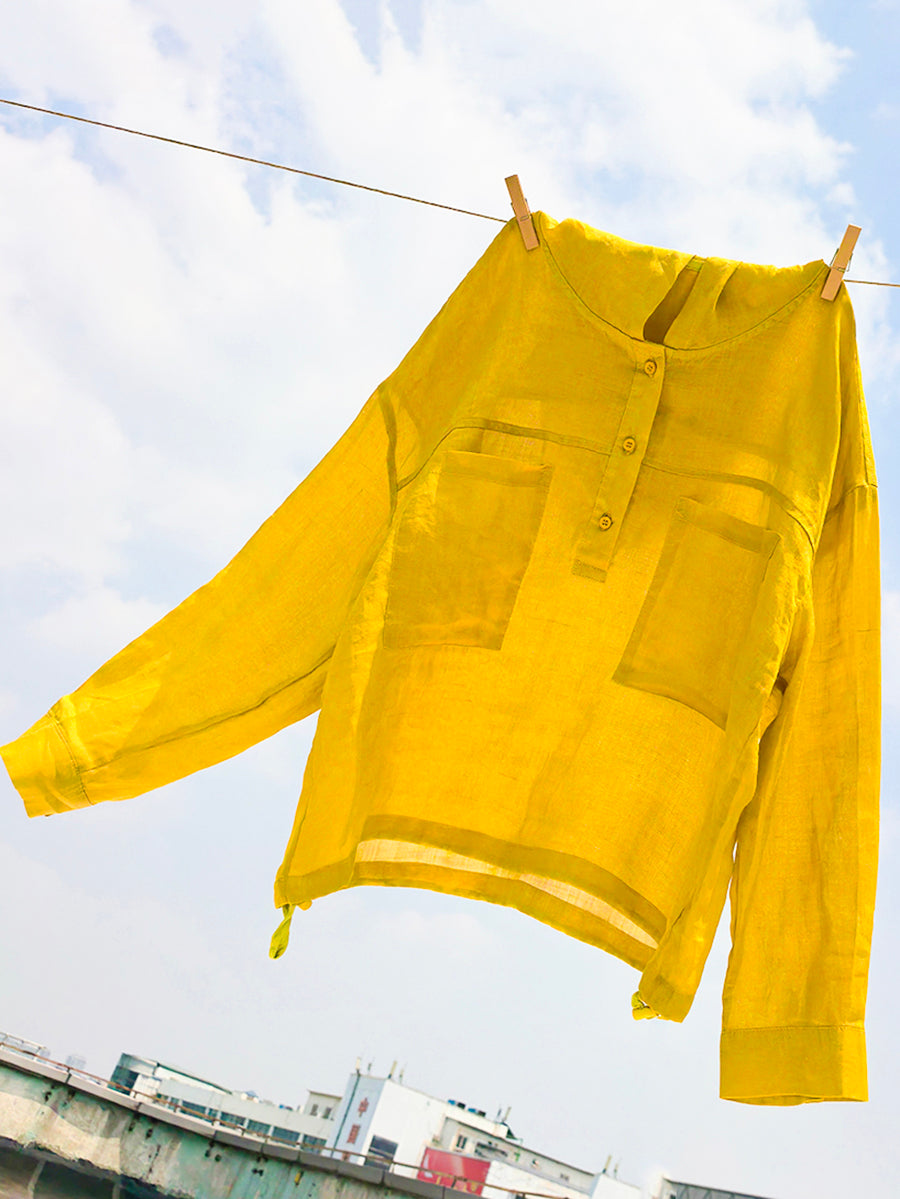 Women Summer Artsy Pure Color Hooded 100%Ramie Shirt