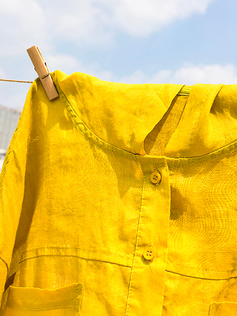 Women Summer Artsy Pure Color Hooded 100%Ramie Shirt