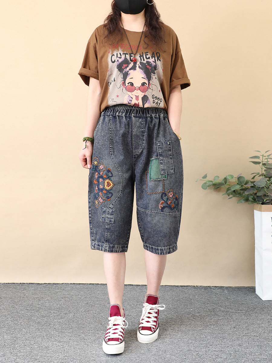 Women Retro Flower Embroidery Denim Fifth Pants