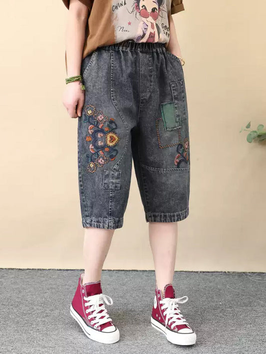 Women Retro Flower Embroidery Denim Fifth Pants