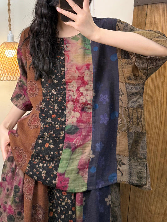Women Summer Artsy Flower Spliced O-Neck Cotton Blouse
