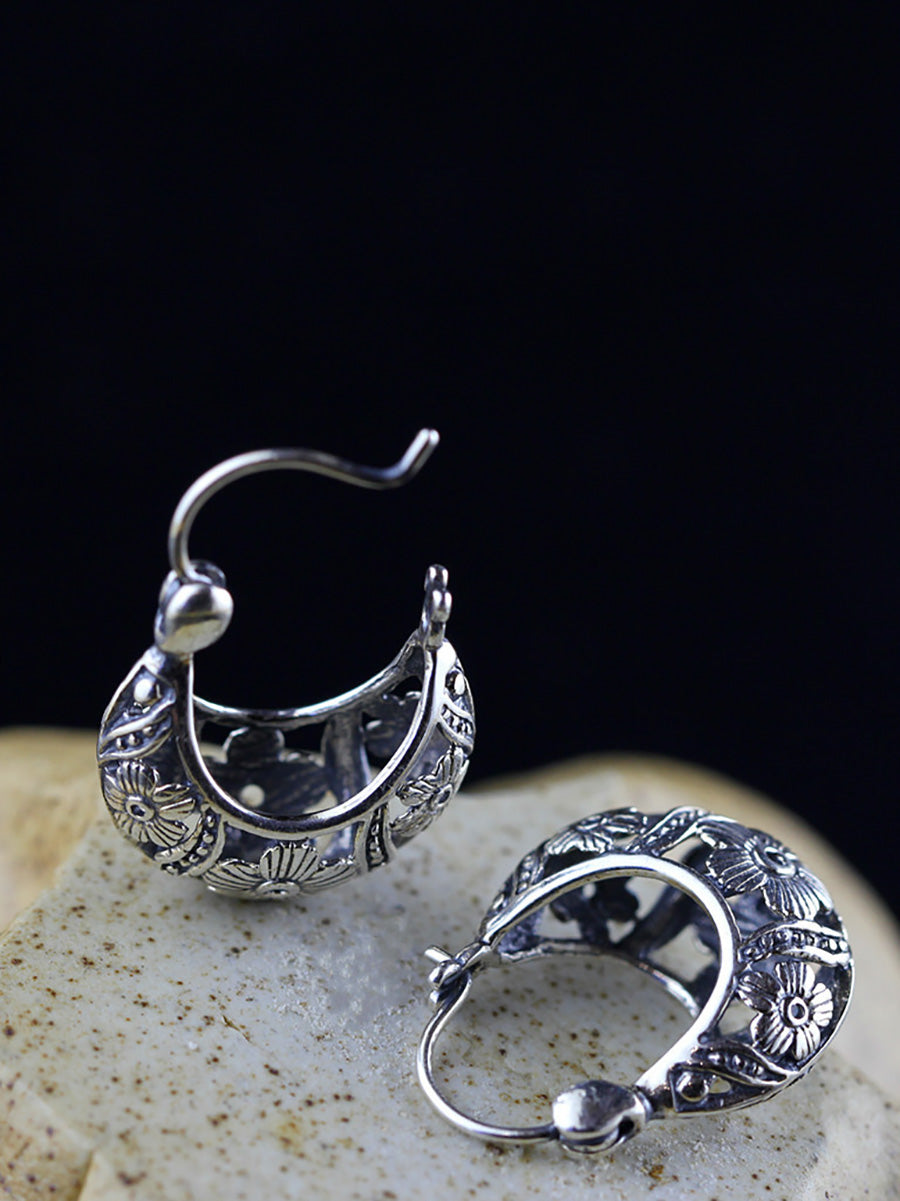 Women Vintage S925Silver Hollow Out Flower Earrings