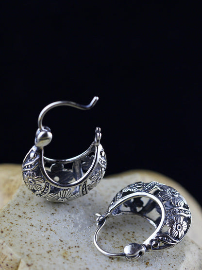 Women Vintage S925Silver Hollow Out Flower Earrings