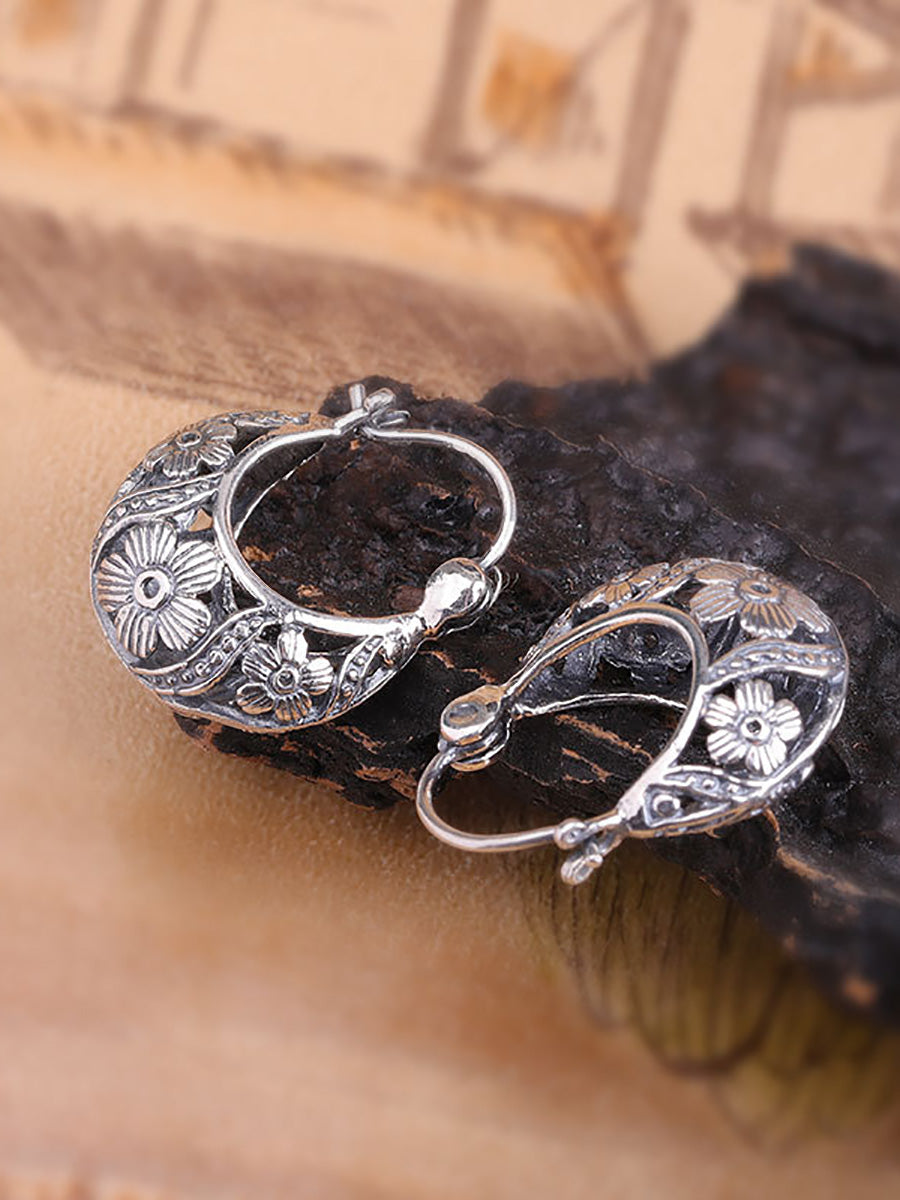 Women Vintage S925Silver Hollow Out Flower Earrings