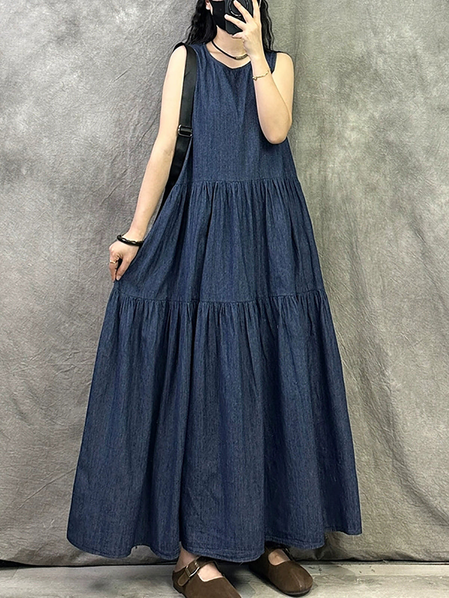 Women Summer Vintage Denim O-Neck Vest Dress