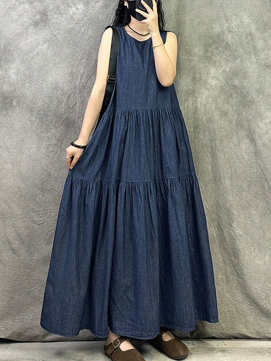 Women Summer Vintage Denim O-Neck Vest Dress