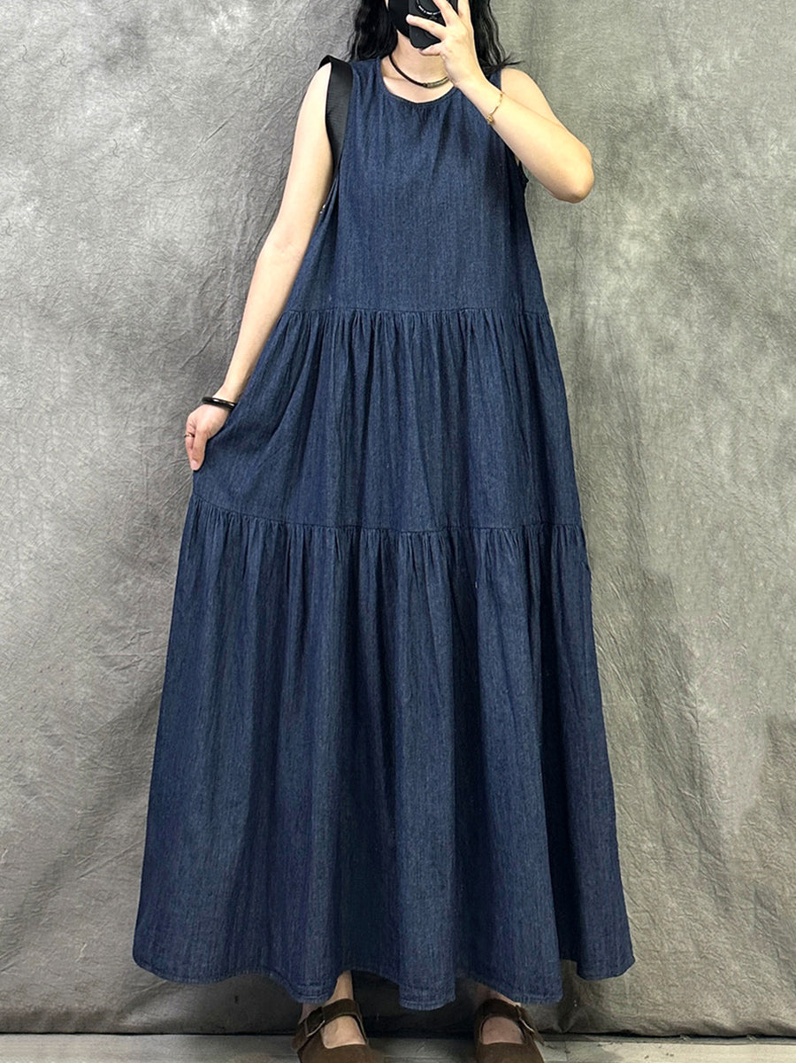 Women Summer Vintage Denim O-Neck Vest Dress