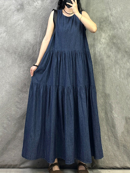 Women Summer Vintage Denim O-Neck Vest Dress