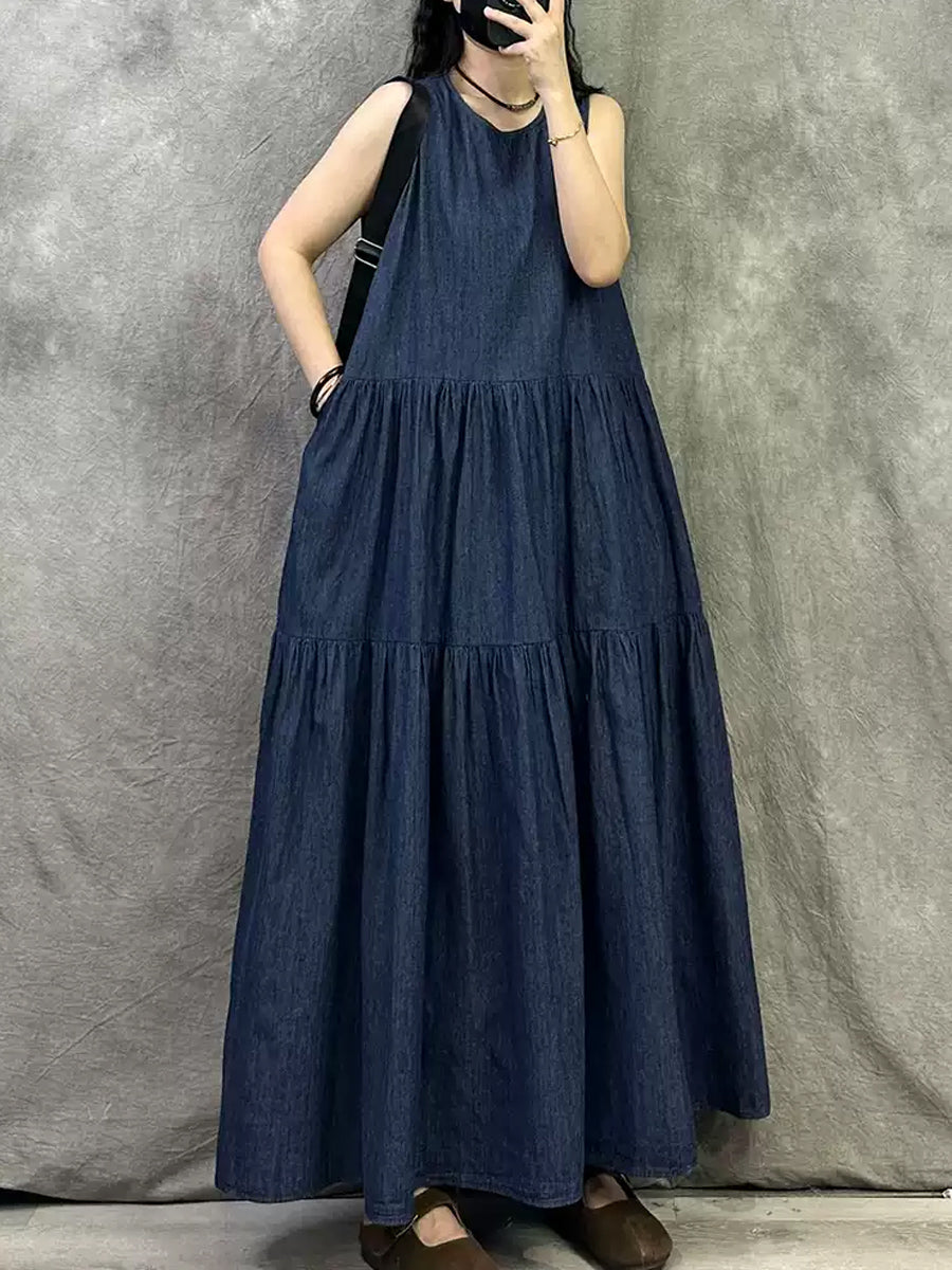 Women Summer Vintage Denim O-Neck Vest Dress