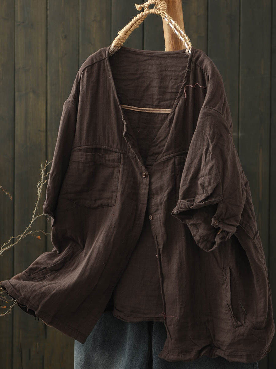 Plus Size Women Summer Worn Pure Color V-Neck Cotton Shirt