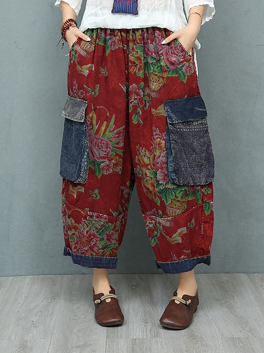Plus Size Women Summer Retro Flower Patchwork Harem Pants
