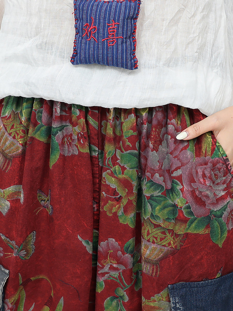 Plus Size Women Summer Retro Flower Patchwork Harem Pants