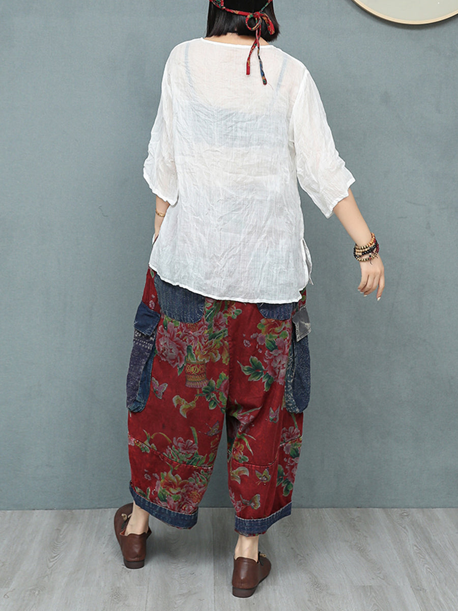 Plus Size Women Summer Retro Flower Patchwork Harem Pants