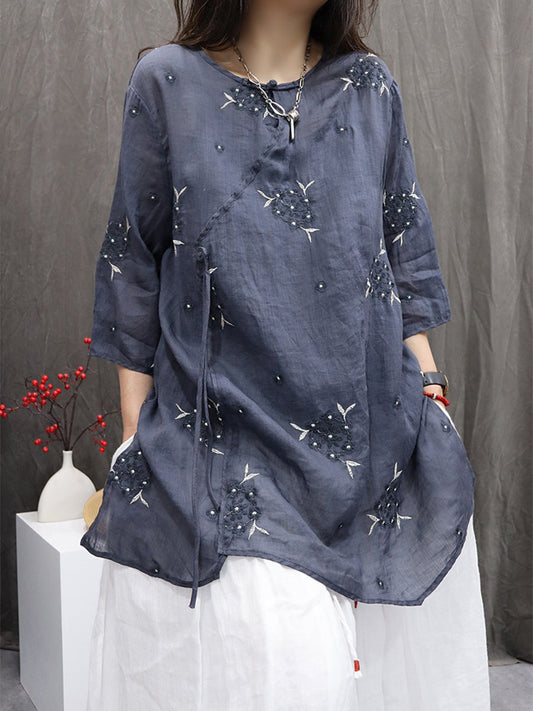 Women Summer Flower Embroidery O-Neck 100%Ramie Shirt