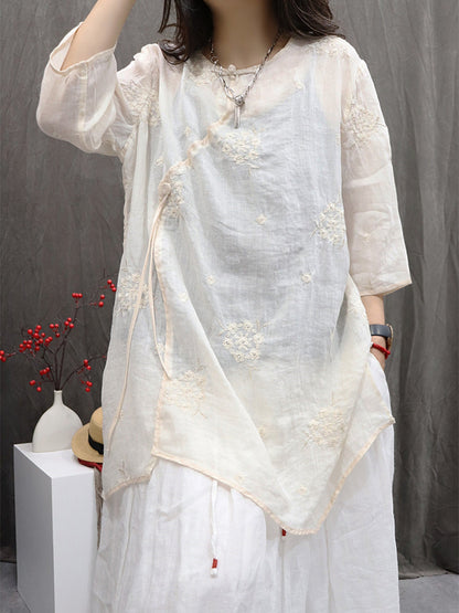 Women Summer Flower Embroidery O-Neck 100%Ramie Shirt