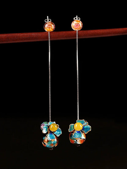 Women Vintage Glaze Cloisonne Flower S925Sliver Earrings