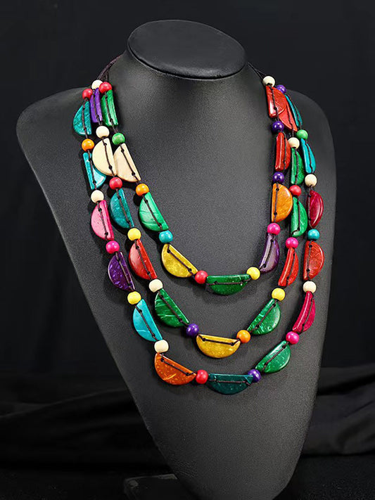 Women Ethnic Colorful Coconut Shell Three Layer Necklace