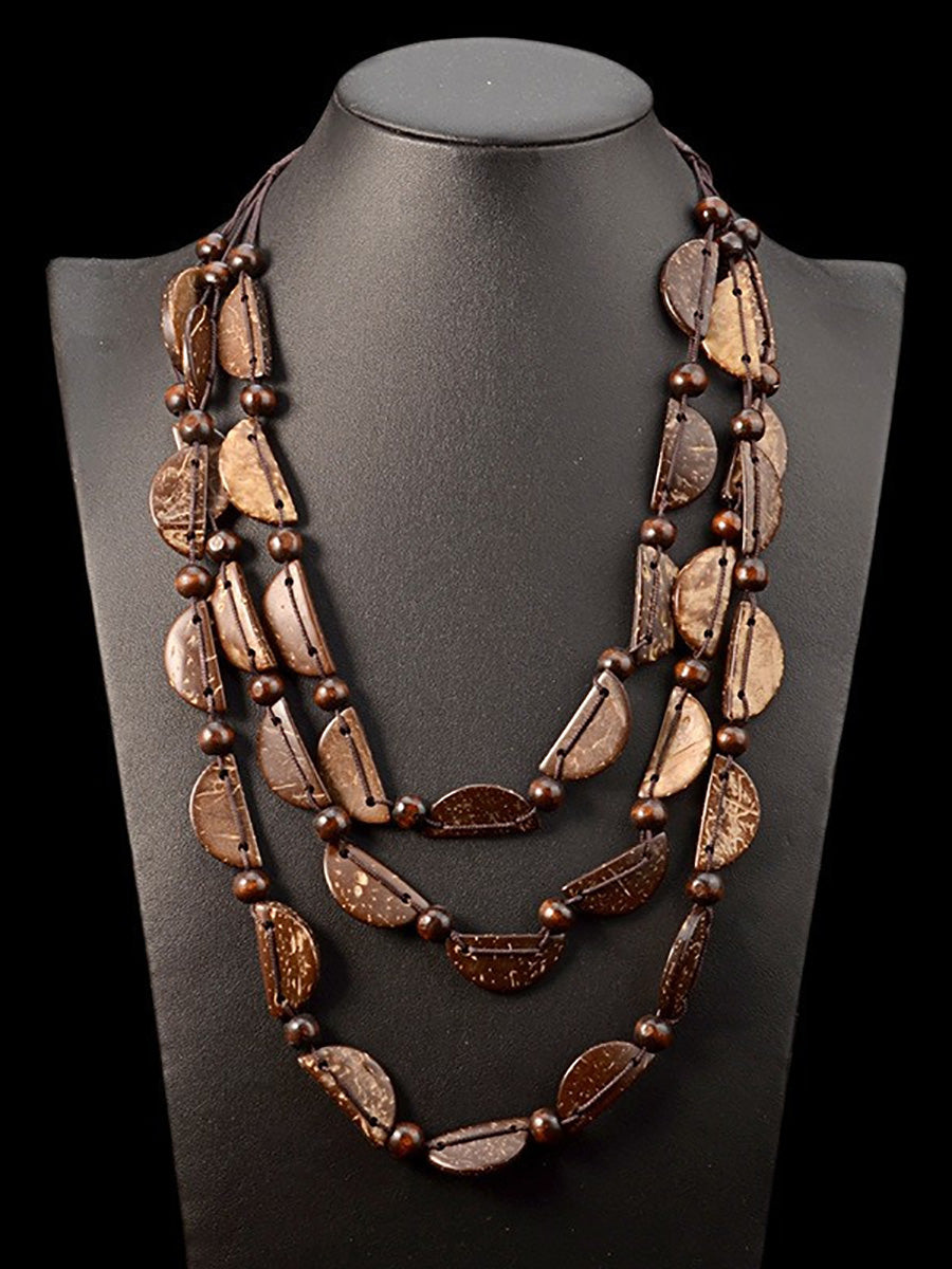 Women Ethnic Colorful Coconut Shell Three Layer Necklace