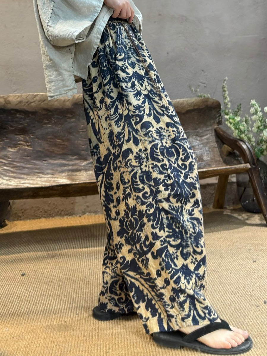 Plus Size Women Summer Retro Flower Linen Wide-leg Pants