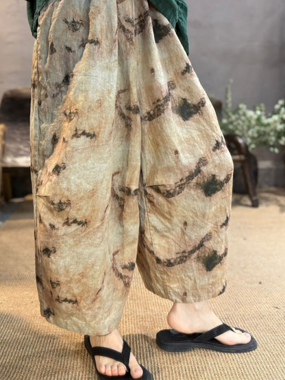 Plus Size Women Summer Retro Flower Linen Wide-leg Pants