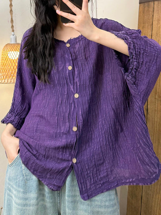 Women Summer Pure Color Shirred O-Neck Linen Shirt