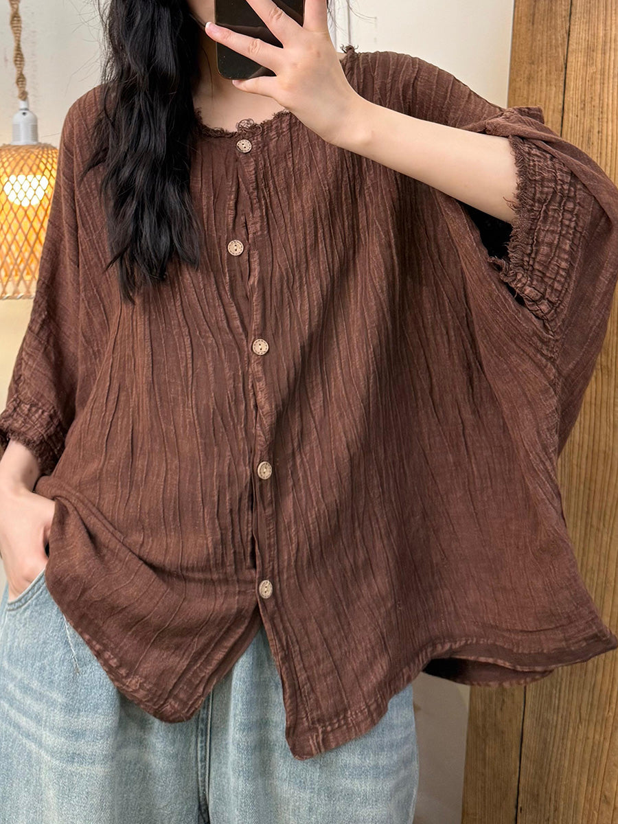 Women Summer Pure Color Shirred O-Neck Linen Shirt