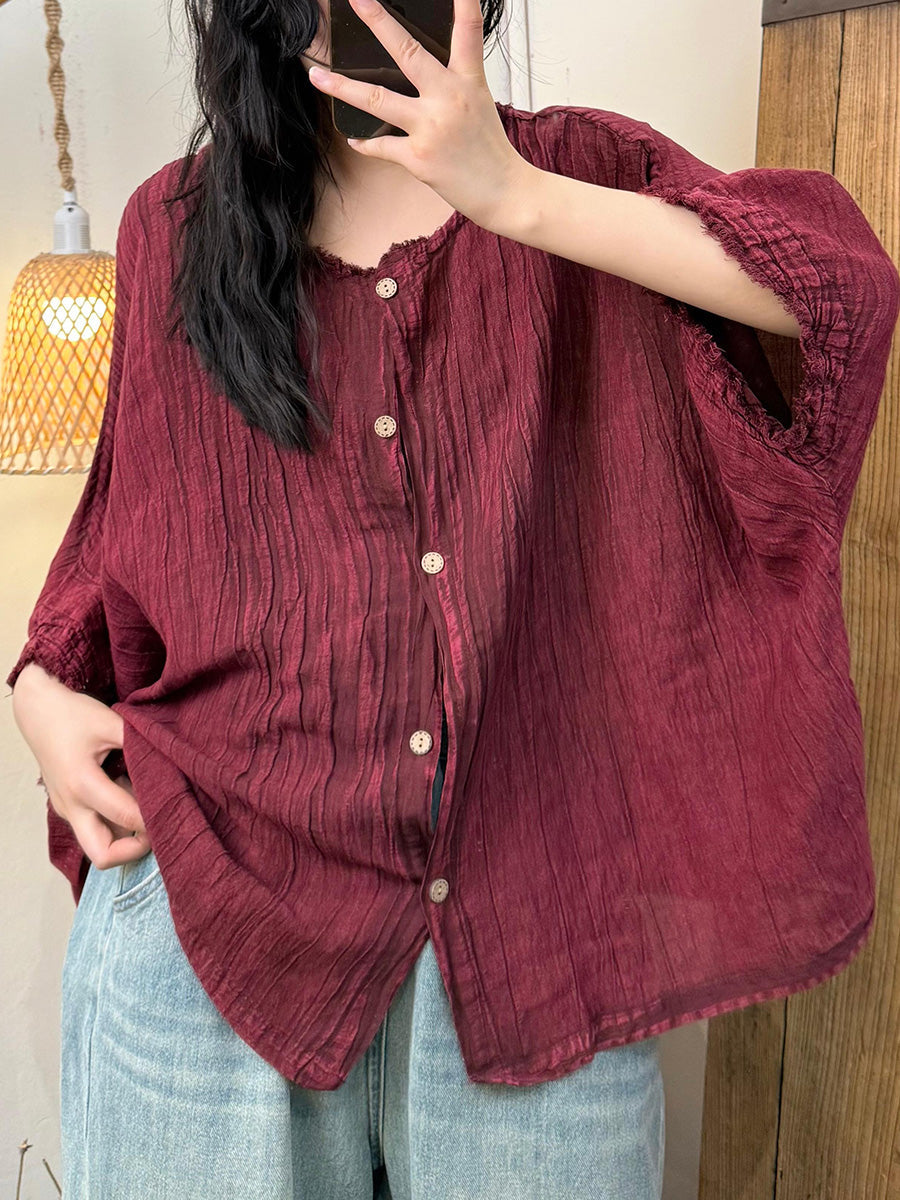 Women Summer Pure Color Shirred O-Neck Linen Shirt