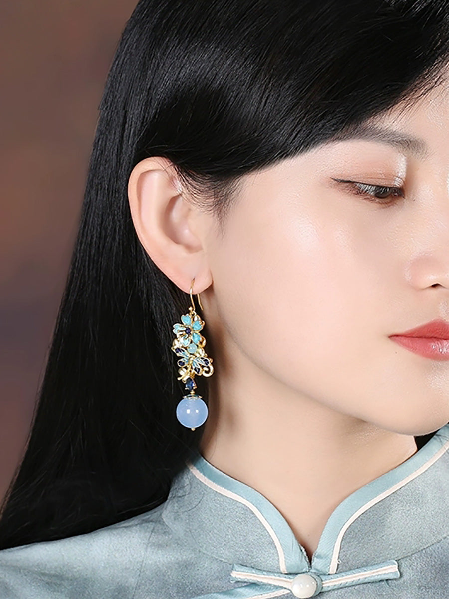 Women Vintage Cloisonne Flower Zircon Earrings