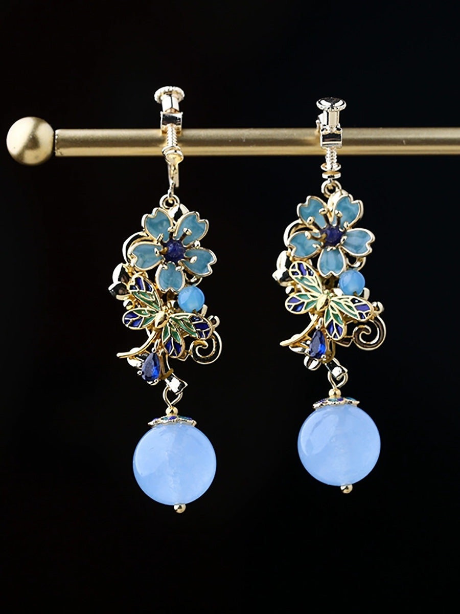 Women Vintage Cloisonne Flower Zircon Earrings